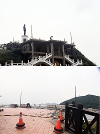 福澳蔣公紀念園區護欄年久失修,結構出現問題,縣府工務處進行景點維護整修,工程期間封閉景點。(圖/文:馮紹夫)