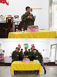 上圖:副指揮官主持慶生餐會。下圖:副指揮官與壽星一同切蛋糕。(圖/文:江耿逸)