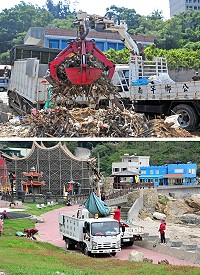 　地區久為海漂垃圾所苦，環資局特別引進四爪車投入淨灘工作，加上原有的吊車當作輔助，使淨灘工作事半功倍。（圖／文：曹重偉）