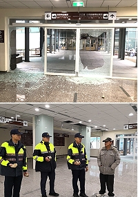 剛完工準備驗收的福澳舊旅運大樓,27日上午發現大門及窗戶遭人惡意破壞,全案由警方追查中。(圖:南竿警察所、馮紹夫)