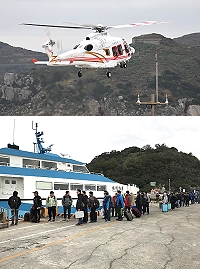 上圖:元旦連假開始第一天,島際直升機航班恢復飛行,共載送58名旅客順利往返南竿-東引兩島之間。(圖/文:陳其敏)。下圖:莒光對外交通中斷2天後,在議員王孝榛及交旅局的協調下,啟動直升機及東海明珠疏運西莒近60位乘客前往南竿。(圖/文:宋幸儒)