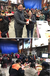 東莒跨年夜,鄉親齊聚在藝文廣場開桌圍爐共度2018年最後一刻,現場熱鬧不已。(圖/文:蔡夢玲)
