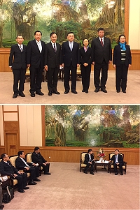 2019新年之際,縣長劉增應、立委陳雪生、議長張永江、副議長周瑞國等人4日上午10時與大陸省長唐登杰(上圖中)、副省長郭寧寧(右3)、省台港澳辦主任王玲(右1)會面,就兩馬小三通旅遊經貿及交通等議題交換意見,並合影留影。(圖:連江縣交旅局)