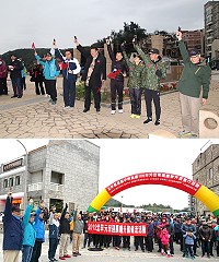 　（上圖）委員、縣長、議長、指揮官共同鳴槍為健行活動揭開序幕。（圖／文：廖家宏）；（下圖）北竿陳鄉長、北高大隊長及地方仕紳一同為健行活動鳴槍。（圖／文：陳于軒）