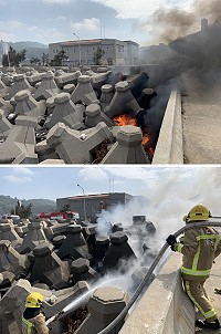 南竿勝利堡旁海堤昨日中午驚傳火警,警消迅速趕抵現場撲滅火勢,不排除為菸蒂引發火災。(圖/文:馮紹夫)