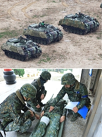上圖:甲車執行掃蕩反擊。下圖:戰場救護演練實況。(圖/文:葉峻廷)