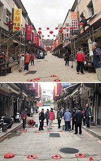 農曆新年即將來到,馬港社區20日進行全村花燈佈置,由社友、住民及軍方支援弟兄一起動手綁燈籠,冒著低溫爬上爬下相當辛苦。(圖/文:曹重偉)