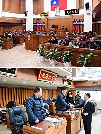 　連江縣議會第7屆第1次臨時大會25日閉會，縣長劉增應及局處主管閉會後趨前感謝議員們的支持。（圖／文：曹重偉）