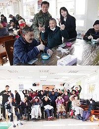 (上圖)指揮官蒞臨現場,長者十分開心。(下圖)全體參與官兵與大同之家長者合影。(圖/文:江耿逸)