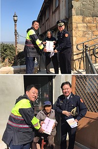 南竿警察所關懷社區獨居長者,由所長李政餘率同仁及民防人員在春節前探視轄區獨居長者,並提前贈送白米等日常用品。(圖:南竿警察所提供)