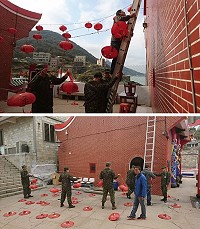 元宵近各村廟在北高守備大隊兵力協助下展開掛燈籠工作。(圖/文;陳鵬雄)