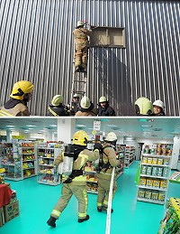 連江縣消防局為降低公共場所火災發生機率,由南竿分隊及義消大隊於承鮮捷百貨商場舉辦專案搶救演練,過程順利。(圖/文:曹重偉)