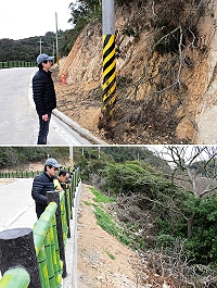 　因應觀光發展及道路安全需求，南竿鄉觀海路至四維路、77據點人行道工程目前已完工，但民眾反映，工程沿途地面常見廢棄物棄置，邊坡有枯死樹木垂掛，經工務處前往現勘，將列為缺失項目。（圖／文：曹重偉）