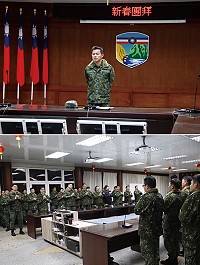 (上圖)指揮官主持防衛部新春團拜。(下圖)官兵互道新年快樂。(圖/文:江耿逸)