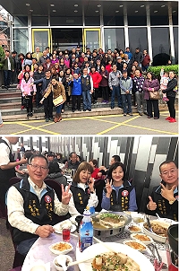 旅居台灣各地與大陸160多位鄉親在桃園大湳來福星餐廳前合影席開16桌歡聚一堂,共敘鄉情。今年聯誼會新會長由陳建甫(右)接任,左為卸任會長吳元明。(圖:珠螺旅台鄉親聯誼會)