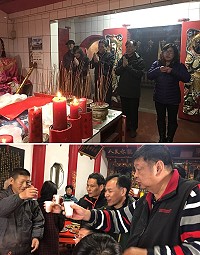 (上圖)縣長劉增應、立委陳雪生、副縣長王忠銘及議員曹爾章,20日下午來到西莒,至各廟宇上香祈福,並向鄉親拜年。(圖/文:宋幸儒);(下圖)縣長劉增應、立委陳雪生20日前往莒光各廟宇上香祈福,並與鄉親共進食福宴,氣氛十分熱絡。(圖/文:蔡夢玲)