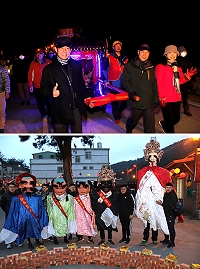 上圖:指揮官與縣長共同參與繞境活動。(圖/文:蔡文尹);下圖:官兵穿戴神偶服裝參與繞境。(圖/文:陳柏廷)