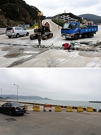 南竿海線中華電信大樓前路段排水溝蓋改善,採半半施工,近日已完成福澳往清水方向施作,將道路縮減帶給駕駛朋友不便,敬請注意安全。(圖/文:曹重偉)
