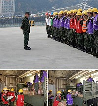 　（上圖）作業開始前下達安全規定及完成人員編組。（下圖）官兵協助清點及搬運補給品。（圖／文：羅志翔）
