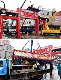 　山隴境白馬尊王廟9日冒雨進行介壽廣場元宵牌樓、燈飾拆卸工作，也象徵今年春節的年節活動正式劃下句點。（圖／文：曹重偉）