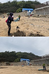 　閩江山洪爆發帶來大量海漂垃圾，鄉公所昨日上午開始淨灘，讓沙灘恢復乾淨面貌。（圖／文：馮紹夫）
