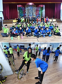 基隆市港西國小師生到東引進行校外教學,兩校學生藉由獨輪車、扯鈴的相互學習,搭起友誼的橋梁。(圖/文:陳其敏)