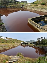 東引停用多年的中央水站,近來水體出現異常,整座池水變成紅褐色。(圖/文:陳其敏)