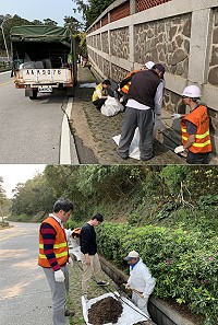 連江縣環境資源局社會服務日全局總動員,沿中央大道全線進行水溝清淤,防止汛期來臨時阻塞淹水。(圖/文:馮紹夫)