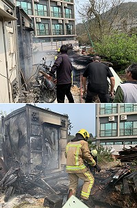 　南竿馬港驚傳火警，警消立刻抵達現場控制火勢，一輛機車與附近雜物遭到波及。（圖／文：馮紹夫）