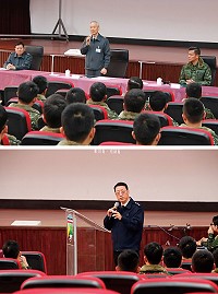 (上圖)政戰局長實施綜合座談。(下圖)國防部林處長實施自傷防治宣導。(圖/文:謝辰蔚)