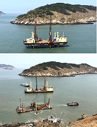 大坵島聯外道路跨海大橋工程進行第1根全套管基樁鑽鑿作業。(圖/文:陳鵬雄)
