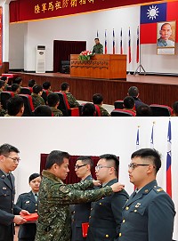 (上圖)指揮官主持108年第一季月會。(下圖)指揮官為晉任人員授階。(圖/文:杜育萱)