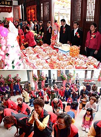 山隴境北極玄天宮玄天上帝萬壽聖誕活動登場,祭祀典禮由縣長劉增應主祭,與立委陳雪生、議長張永江、會長議員林惠萍及各宮廟代表循古禮焚香祭拜;誼子女們也以三跪九叩首禮向玄天上帝拜壽。(圖/文:曹重偉)