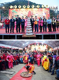山隴境北極玄天上帝聖誕萬壽7日晚間食福饗宴,現場席開65桌,縣長劉增應、立委陳雪生、議長張永江、指揮官章元勳與會長林惠萍等來賓率全場高唱生日快樂歌並共同切下蛋糕,祝賀玄天上帝聖誕;表演節目充滿濃厚民俗氣氛,小孩仔搶包熱鬧滾滾。(圖/文:曹重偉)