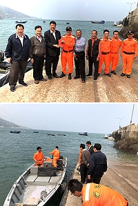 海巡所屬「福澳1號」小型機動快艇進駐北竿,立委陳雪生與縣長劉增應、議長張永江橋仔慰問海岸巡人員。(圖/文:陳鵬雄)