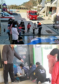 仁愛國小15日辦理火災演練課程,由連江縣消防局指導師生實際操作消防水帶及實境體驗火災現場。(圖:仁愛國小)