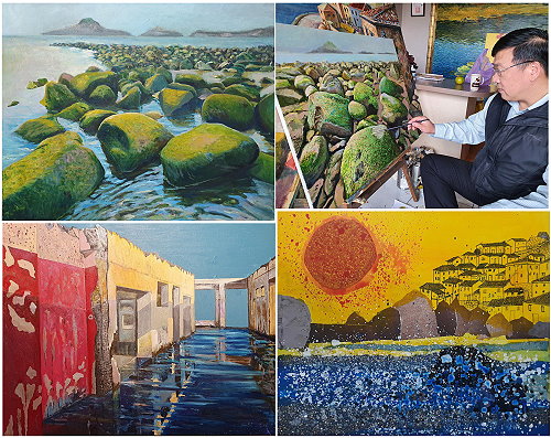 畫家曹松清創作油畫作品,個人成長歷程刻痕豐富島嶼色彩。油畫作品〈生命力一〉、〈重生三〉及複合媒材作品〈夏日的海邊〉。(圖:臺華藝術中心提供)