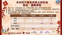中央氣象局6日-9日離島與東北部近海風浪、濃霧(框內黃色標示)預報圖。(圖表:中央氣象局)