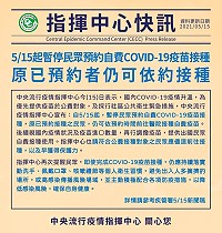 縣立醫院因應國內防疫政策,即起暫停民眾預約自費新型冠狀病毒疫苗接種,原已預約者仍可依約接種。(圖:中央流行疫情指揮中心)