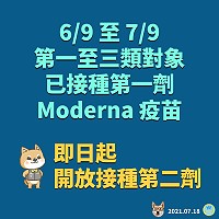 為使疫苗資源有效運用,中央宣布Moderna疫苗第二劑接種對象擴及至第二類及第三類,各縣市加強推動符合資格民眾接種。(圖:中央流行疫情指揮中心)