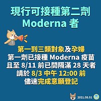 　COVID-19公費疫苗預約平臺意願登記至8月3日中午12時止進行結算，提醒已接種第一劑Moderna疫苗之第一到三類對象及孕婦儘速意願登記第二劑。（圖：中央流行疫情指揮中心）