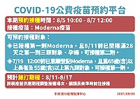 中央宣布COVID-19公費疫苗預約平臺將於5日上午10時至7日中午12時止開放預約接種,並自8月11日起開打。(圖:中央流行疫情指揮中心)