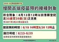 　COVID-19公費疫苗預約平台即起增加開放20歲至35歲（含）民眾預約高端疫苗，於8月23日起施打。（圖：中央流行疫情指揮中心）