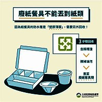 紙餐具不是紙類,環資局宣導軍民應分開回收,務必做好紙餐具回收3步驟。(圖:連江縣環資局)