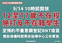 中央流行疫情指揮中心表示,COVID-19公費疫苗預約平臺9月14日10時起,開放「12至17歲不在校施打及不在籍學生」至預約平臺意願登記BNT疫苗。(圖:中央流行疫情指揮中心)