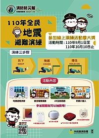 提升民眾地震災害應變能力,消防局配合行政院110年國家防災日,於9月起辦理110年全民地震避難演練,參加線上闖關就可以抽獎。