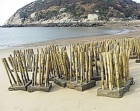 　塘岐沙灘上的竹礁方塊在置入水中之後將成為人工魚礁。（圖／文：陳鵬雄）