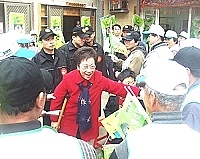 　副總統呂秀蓮前晚不慎右腳受傷，昨天到馬祖造勢仍拿著柺杖向支持者握手致意。（圖／文：曹重偉）