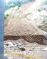 　難耐大雨，清水住宅後方山壁離住宅不到三公尺發生坍方，土石沖刷而下壓壞擋土牆。（圖／文：曹重偉）