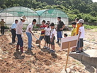 坂里國小與社區協會舉辦田園樂活動,小朋友拿起鋤頭有模有樣。(圖/文:陳鵬雄)